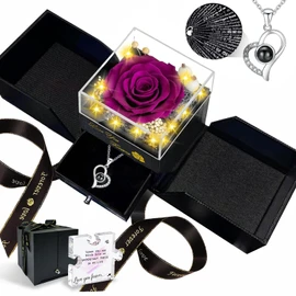 Megapuxin Preserved Real Rose-Eternal Flowers Purple Rose Gifts for Women Her Mom Wife Girlfriend on Valentines Mothers Day with I Love You Necklace 100 Languages Engraved Acrylic Block Puzzle Piece