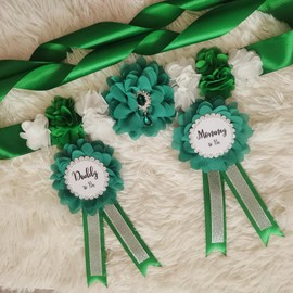 PANBINN Maternity Sash and Corsage Pin Set 3pcs, Mommy and Daddy to Be Corsage and Rhinestones Flower Maternity Sash for Pregnancy Photo Props for Baby Shower Gifts, Green