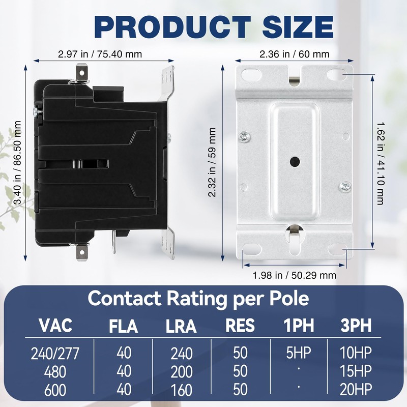 3 Pole 40 Amp Contactor 120VAC Coil, Air Conditioner Condenser