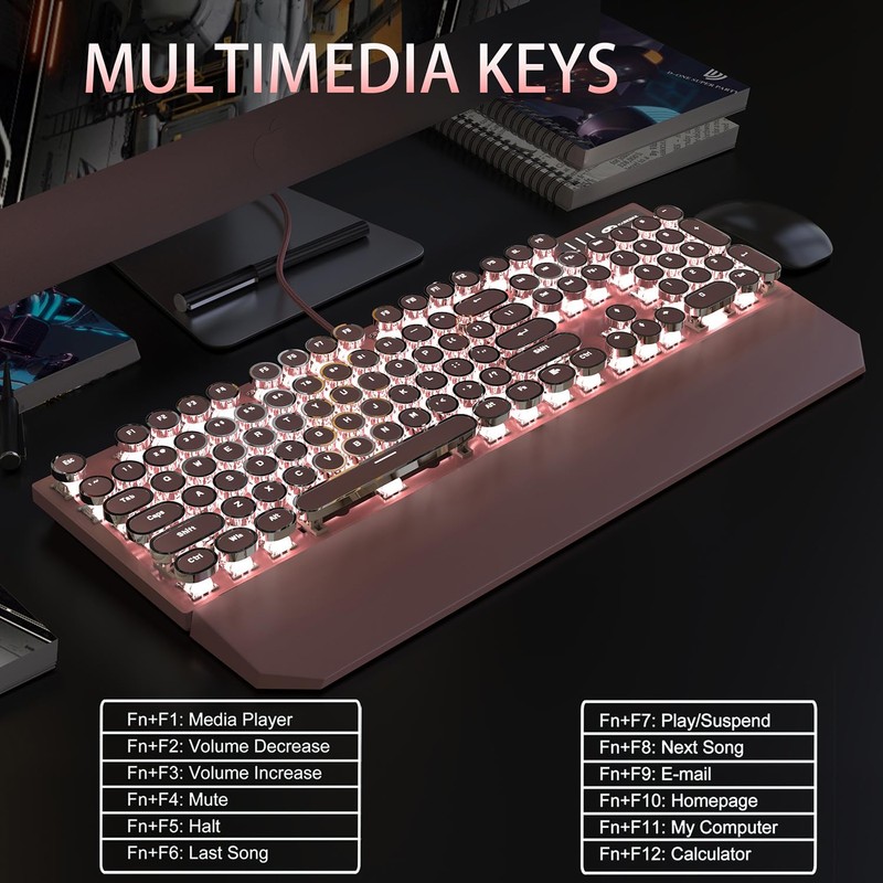 Camiysn Typewriter Style Mechanical Gaming Keyboard, Pink Retro Punk Gaming