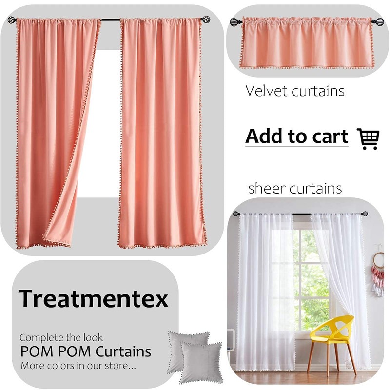 Pom Pom White Sheer Curtains for Living Room 63" Linen