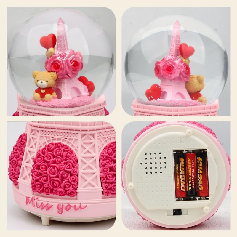 Snow Globe, 100mm Pink Resin Bear Sit Back The Flower