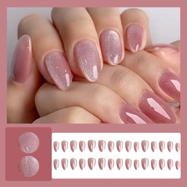 30 Pcs Rose Gold Press on Nails Short Almond,MINGCHUN Summer Fake Nails Press ons Acrylic Nail Art Tip Kit Full Cover False Nails Glue on Nails with Cat's Eye Glitter Glossy Design for Women