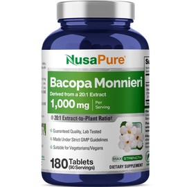 Extracto de hojas de Bacopa 900 mg 180 cápsulas (sin OMG y sin gluten), suplemento cerebral, nootrópico y potenciador cerebral para un enfoque mental 