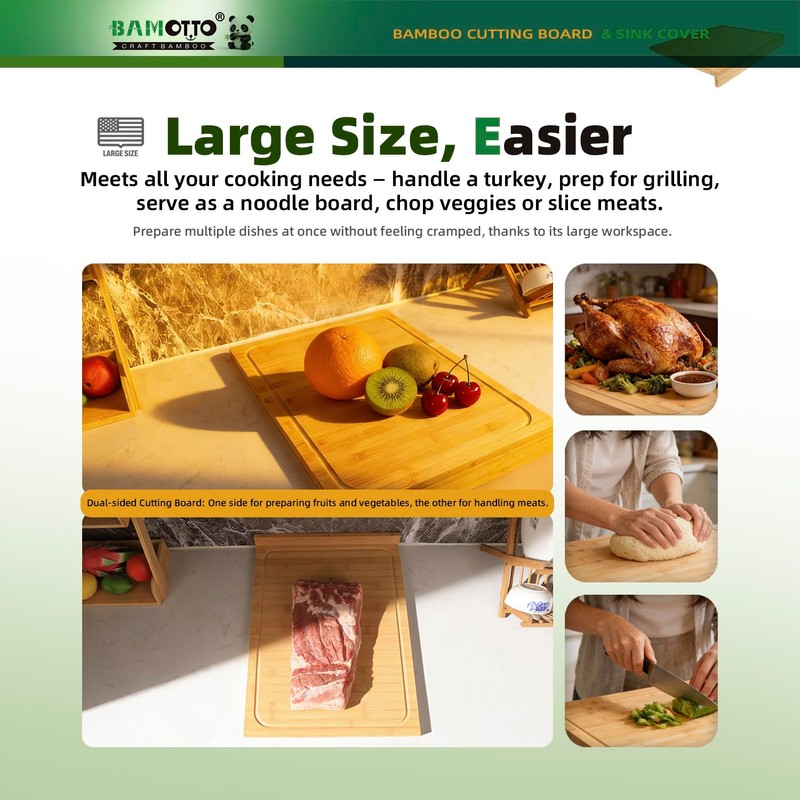 BAMOTTO CRAFTBAMBOO 15.8x22 Inch Large Bamboo Cutting Board Sink Cover