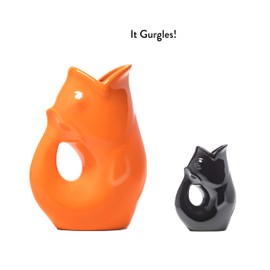 Gurgle Pot Fish Pitcher - Set of 2, Autumn Colors, Large Pitcher 42 oz. with matching Creamer, Orange and Black, the perfect Indoor or outdoor tableware. (Large Orange & Small Black)