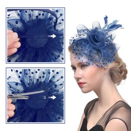 Women Ladies Fascinator Hat Feather Mesh Flower Wedding Party Hat Derby Hat with Clip and Hairband Retro Cocktail Tea Party Headwear Bridal Church Fascinator Head Piece Headwear Navy Blue