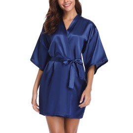 Vlazom Women's Kimono Robes Dressing Gown Satin Bathrobe Nightdress Pure Colour Short Style with Oblique V-Neck Dark , M(UK 8-10), Dark Blue