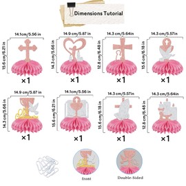 8Pcs Mi Confirmacion Honeycomb Centerpiece, On Your Confirmacion Table Decorations, God Bless First Holy Communion Table Decor, Girl Christening Centerpiece for Table Supplies Rose Gold Silver Glitter