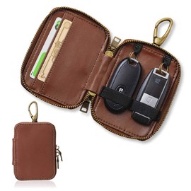 Sanwa Direct 200-CAR074 Genuine Leather Smart Key Case, 2 Smart Keys, Card Storage, Exterior Pocket, Carabiner Hook, Braun