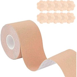 Cinta para Pechos, Body Tape, Cinta para Busto, Boob Tape y 10 Piezas de Pezoneras, Cubrepezones, Cinta Adhesiva para Levantamiento de Senos, Boobe de Senos para Trajes o Vestido de Fiesta (5M)