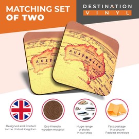Great Coasters (Set of 2) Square/Glossy Quality Coasters/Tabletop Protection for Any Table Type - Vintage Australia Map Globe #2609