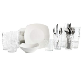 Gibson Home Zen Buffet Square Combo Porcelain Dinnerware, Glassware, Silverware Set, White (Square) (138423.42R), Service for 6 (42pcs)