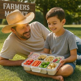 Snackle Box Snack Organizer with Lid & Handle – 8 Compartment Divided Serving Tray for Candy, Fruit, Veggies, Charcuterie – Portable Food Storage Box for Kids, Adults, Beach, Car, Travel, Party