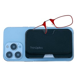 ThinOptics Readers with Wallet - Armless On-Nose Reading Glasses - Slim Wallet Attaches to Phone - MagSafe Compatible - PU Red 2.00x