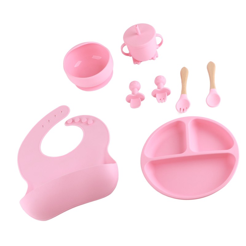 8 Pcs Silicone Baby Feeding Set Bib Suction Plate Bowl