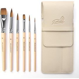 Watercolour Brush Set - 6 Professional Red Sable Travel Brushes with Leather Case for Watercolours, High Colour Carrying Capacity and Excellent Bounce Artist Brush Round, Flat, Real Hair Brush