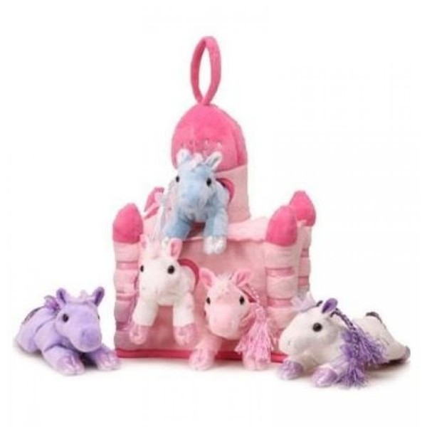 Unipak 12" Pink Plush Horse Castle - 5 Stuffed Animal Horses in Pink Castle Carrying Case