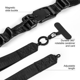 Takzop Magnetic Clip Crossbody Cell Phone Strap,Adjustable Length/Magnetic Buckle,Additional Loop to Hang Airpods, Keys. (Black, 2.5CM)
