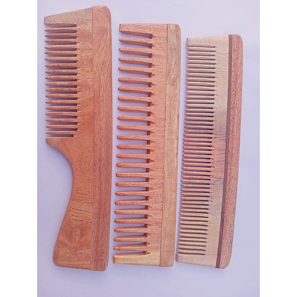 Set of 3 Pure Neem Wood Combs for Strong and Shiny Hair | Wide Tooth Neem Comb | Fine Tooth Neem Comb | Wide Tooth Neem Comb with Handle for Hair and Scalp Health