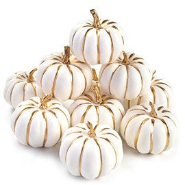 DomeStar 10PCS White Foam Pumpkins with Gold Lines, Artificial Pumpkins Harvest Pumpkins Fake Maple Leaves for Decorating Fall Farmhouse Thanksgiving Home