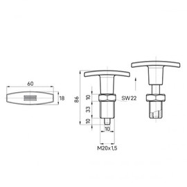 KINETIK MSystem - Locking bolt with T-handle and lock nut, burnished steel, locking bolt, spring bolt dimension M16 x 1.5 mm