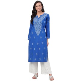 Ada Indian Hand Embroidered Traditional Chikankari Women's Cotton Kurta Kurti Tunic A197442 (XS, Royal Blue)