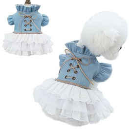 MQQYLBHDS Pink Dog Dress for Small Dog Girl Spring Puppy Clothes with Bow Puff Sleeves Cat Outfit Doggy Princess with Leash Ring Doggies Harness Dress Summer Pet Apparel (Blue, X-Small)