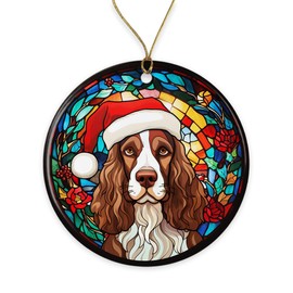 English Springer Spaniel Santa Hat Stained Glass Ornament - Xmas Gift for Dog Lovers - Merry Christmas Ceramic Decor - Love Pets Gift - Printed on Both Sides