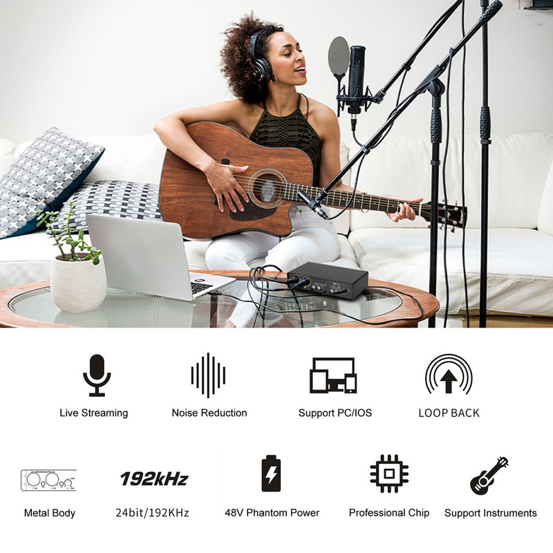 USB Audio Interface Mixer 24bit/192KHz 48V Phantom Power Noise Reduction