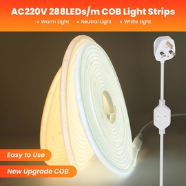 KAFULA 15M COB Neon LED Light Strip - 220V Super Bright FCOB LED Fairy Light CRI85+, IP65 Waterproof Flexible, Can be Cut Every 50cm | 288 LEDs/m | | Warm White 3000K | Home Decor