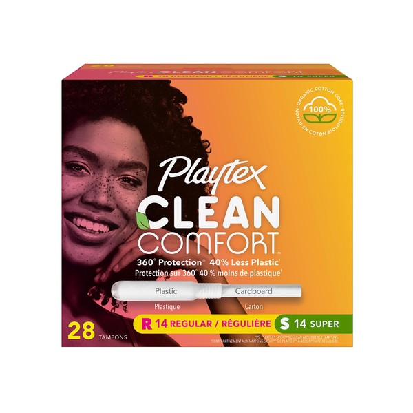 Playtex Clean Comfort Organic Cotton Tampons, Multipack (14ct Regular/14ct Super Absorbency), Fragrance-Free, Organic Cotton - 28ct