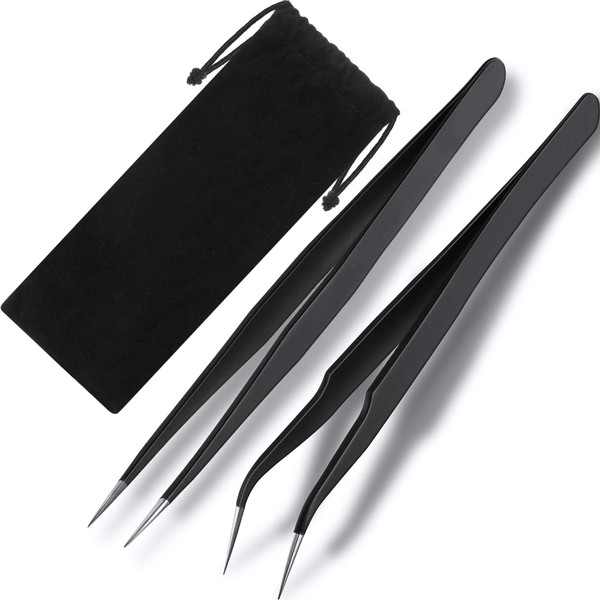 2 Pieces Straight and Curved Tip Tweezers Eyelash Extension Tweezers, Stainless Steel False Lash Application Tools (Black)