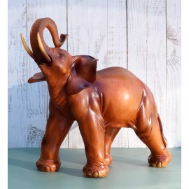 Faux Mahogany Wood Finish Buddha Feng Shui Elephant With Trunk Up Statue 14.25"L