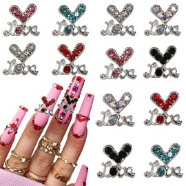 12Pcs 3D Heart Nail Art Charms Silver Nail Charms Heart Nail Accessories Rhinestones Diamond Alloy Nail Gems for Women Girls Valentine's Day Nail Art Design DIY Craft Jewelry