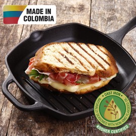 Victoria 10-Inch Cast Iron Grill Pan, Square Grill Pan Preseasoned with Non-GMO Flaxseed Oil, Made in Colombia