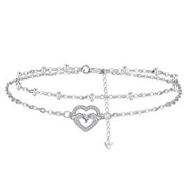 Arrebol Heart Angel Anklet Silver 925 Women's Chain with Ball Beads Cute Summer Anklet Adjustable 22 cm + 4 cm, Silver, Cubic Zirconia