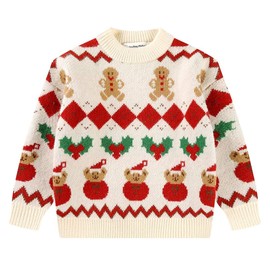 SMILING PINKER Little Girls Christmas Sweater Chunky Knitted Santa Reindeer Pullover Warm Winter Top(6 Years,Beige)