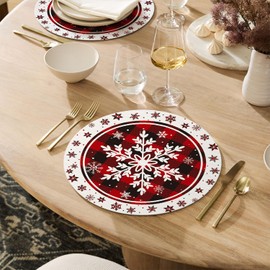 Artoid Mode Snowflakes Vinyl Christmas Round Placemats Set of 4, 15 Inch Wipeable Winter PVC Woven Table Mats for Party Kitchen Dining Decor