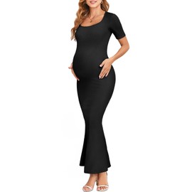 AISWI 2025 Maternity Bodycon Mermaid Maxi Dress Sexy Square Neck Short Sleeve Ribbed Pregnancy Dresses Baby Shower Photoshoot, Black, X-Large