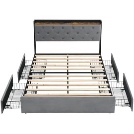 GarveeHome Queen Size Bed Frame with 4 Storage Drawers and Charging Station, Upholstered Velvet Platform Bed Frame with Storage Headboard and Sturdy Wooden Slats Support, No Box Spring Needed