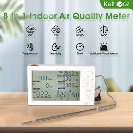 8 in 1 Indoor Air Quality Monitor with External Temp Probe, Kethvoz Gas Detector Meter Measure CO2/CO/HCHO/TVOC/Temperature/Humidity for Home Kitchen Office School