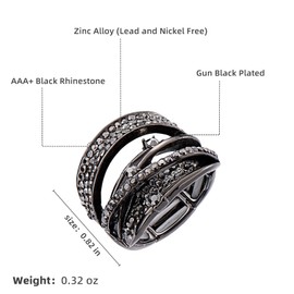 Luxurious Fashion Silver/Gold/Gun Black Plated Rhinestone Crystal Elastic Adjustable Stretch Adjustable Costume Cocktail Rings for Women (Black Crystal & Gun Black Plated, Adjustable(7#-9#))