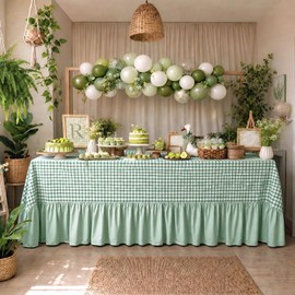 Moukeren 120"x60" Ruffled Tablecloth Gingham Striped Linen Table Cloth Rectangular Tablecloth Fits 8-10 Seater Table for Baby Shower Birthday Party Picnic Decoration(Sage Green,Gingham)