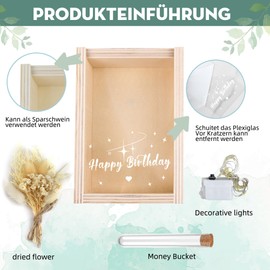 Money Gift Birthday, Money Gifts Packaging, Happy Birthday Gift Box Including Dried Flowers, Test Tube, Fairy Lights, Money Gifts for Women, Wooden Birthday Gift (Beige)