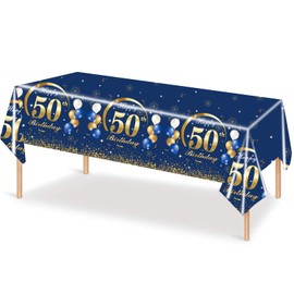 MORAINJAY Birthday Tablecloth for 50,Navy Blue Table Cloth for 50th Birthday Party,137x274cm Table cover,Rectangular Waterproof Tablecloth for Men,Women, Birthday Party Supplies Table Decor