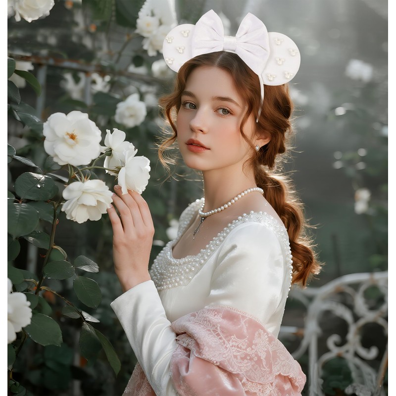 Bianbaistar White Velvet Mouse Ear Headband with Pearl Accents -