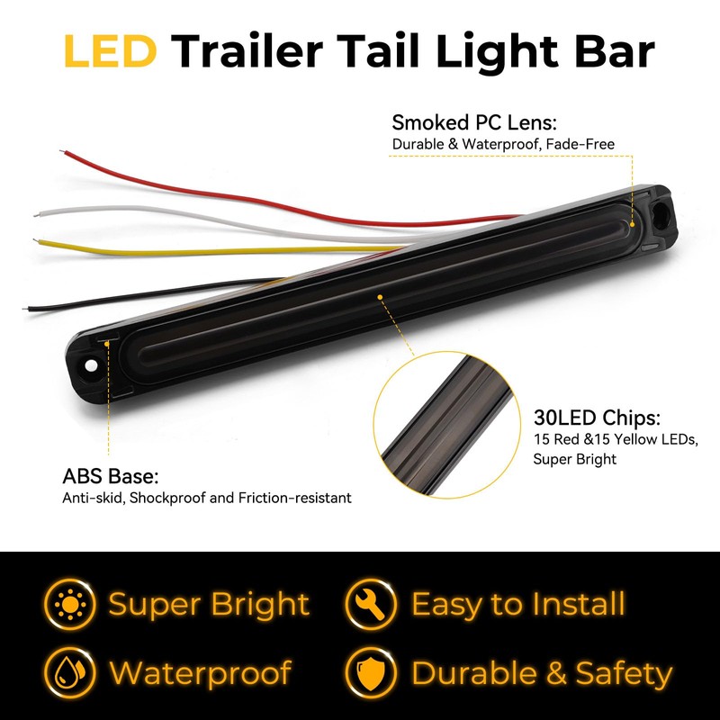 Jerbor 10" LED Trailer Tail Light Bar Brake Stop Turn