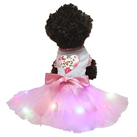Petitebelle Pink Rose Heart Puppy Dog Dress (White/Pink LED, Large)
