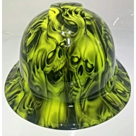 Wet Works Imaging Customized Pyramex Full Brim HI VIS Green See NO Evil Skulls Hat with Ratcheting Suspension